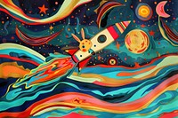 Rabbit Explorer on the Rocket in the style of graphic novel painting art graphics.