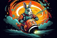 Rabbit Explorer on the Rocket in the style of graphic novel graphics cartoon representation.