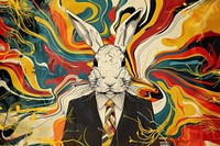 Rabbit in suit in the style of graphic novel painting art graphics.