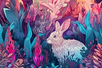Rabbit in the garden in the style of graphic novel cartoon animal backgrounds.