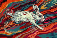 Rabbit racing quickly to Wonderland in the style of graphic novel art cartoon animal.