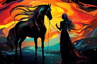 Woman in black dress standing with horse in dark room in the style of graphic novel painting outdoors graphics.