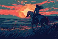 Woman riding horse in countryside during sunset in the style of graphic novel outdoors cartoon mammal.