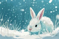 White funny fluffy rabbit in the snow in the style of graphic novel cartoon animal rodent.