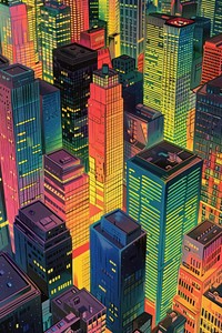 The buildings are brightly coloured city architecture cityscape.