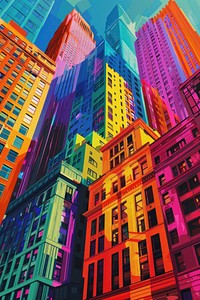 The buildings are brightly coloured architecture metropolis skyscraper.