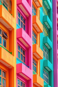 The buildings are brightly coloured architecture window city.