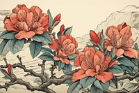 Ukiyo-e art print style Azalea flower drawing sketch.