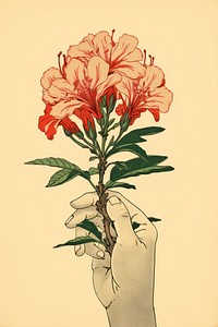 Hand holding Azalea flower art drawing.