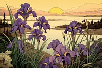 Ukiyo-e art print style flower landscape outdoors.