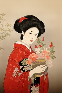 Woman holding Carnation kimono flower robe.