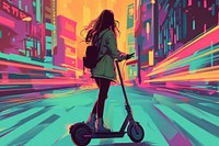 Young woman with electric scooter at the city vehicle cartoon transportation.