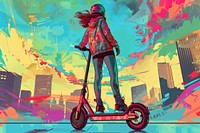 Young woman with electric scooter at the city painting vehicle cartoon.