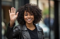 Happy black female waving smile adult architecture.