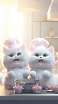 Fluffy pastel cat chef cartoon mammal animal.