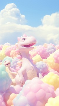 Fluffy pastel dinosaur cartoon outdoors nature.