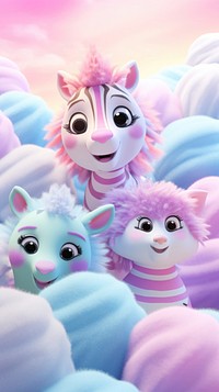 Fluffy pastel zebra cartoon toy representation.