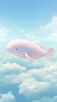 Fluffy pastel blue whale aircraft airship cartoon.