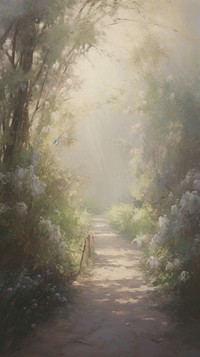 Beautiful nature with flowering willow branches and forest road painting sunlight outdoors.