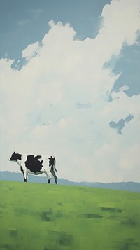 Black and white Holstein dairy cow grazing on the skyline in a green pasture grassland livestock outdoors.