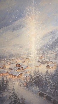 Christmas fireworks over snowy village painting mountain outdoors.