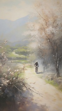 Happy smiling woman rides a bicycle on the country road under the apple blossom trees painting transportation springtime.