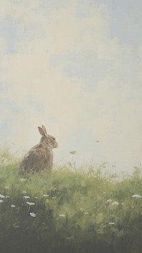Side view of rabbit sitting on grassy field outdoors painting animal.