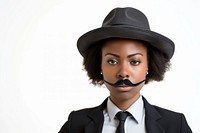 Black woman with fake mustache and wear hat and suit portrait adult white background.