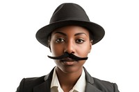 Black woman with fake mustache and wear hat and suit portrait adult white background.