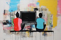 Couple watching tv at sofa art painting adult.