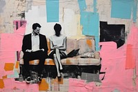 Couple watching tv at sofa art painting collage.