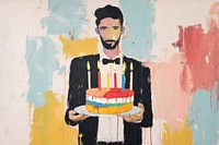 Cheerful man holding birthday cake art dessert adult.