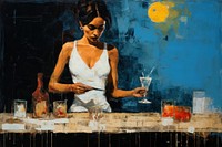 Bartender girl adding to a brown cocktail and pour on a flamed badian on tweezers a powdered sugar in the blue light bartender painting glass.