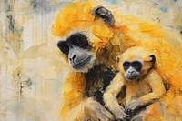 Ellow Cheeked Gibbon monkey mother with child in the forest art wildlife painting.