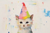 Hand holding cute kitten cat wearing birthday hat art representation celebration.
