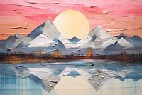 Mountain in morning light reflected in calm waters of lake art painting outdoors.