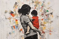 Young mom holding her happy baby in air art painting collage.