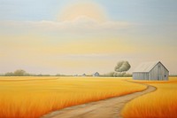 Painting of golden field farm architecture landscape.