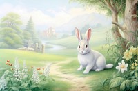 Painting of rabbit garden border outdoors animal rodent.