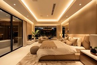 Photo of modern bedroom architecture furniture building.