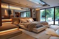Photo of modern bedroom architecture furniture building.