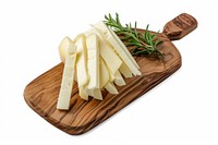 String cheese on rustic wooden board food parmigiano-reggiano white background.