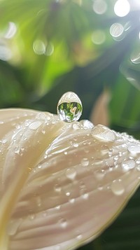 Water droplet on peace lily flower plant petal.