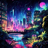 Neon illustration with city night architecture cityscape.