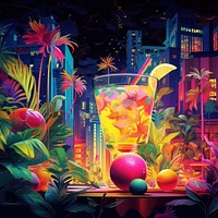 Neon illustration with cocktail painting night art.