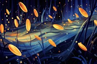 Fireflies in woodland at night backgrounds pattern water.