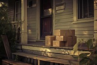 Boxes sitting on porch of house architecture cardboard building.