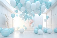 Balloon party welcoming blue architecture.