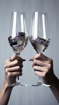Grey tone hands cheers champagne glasses finger drink wine.