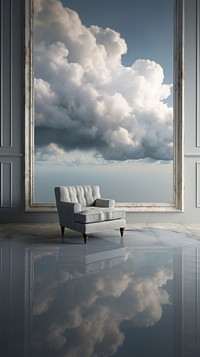 Grey tone wallpaper cloud landscape reflection furniture flooring.
